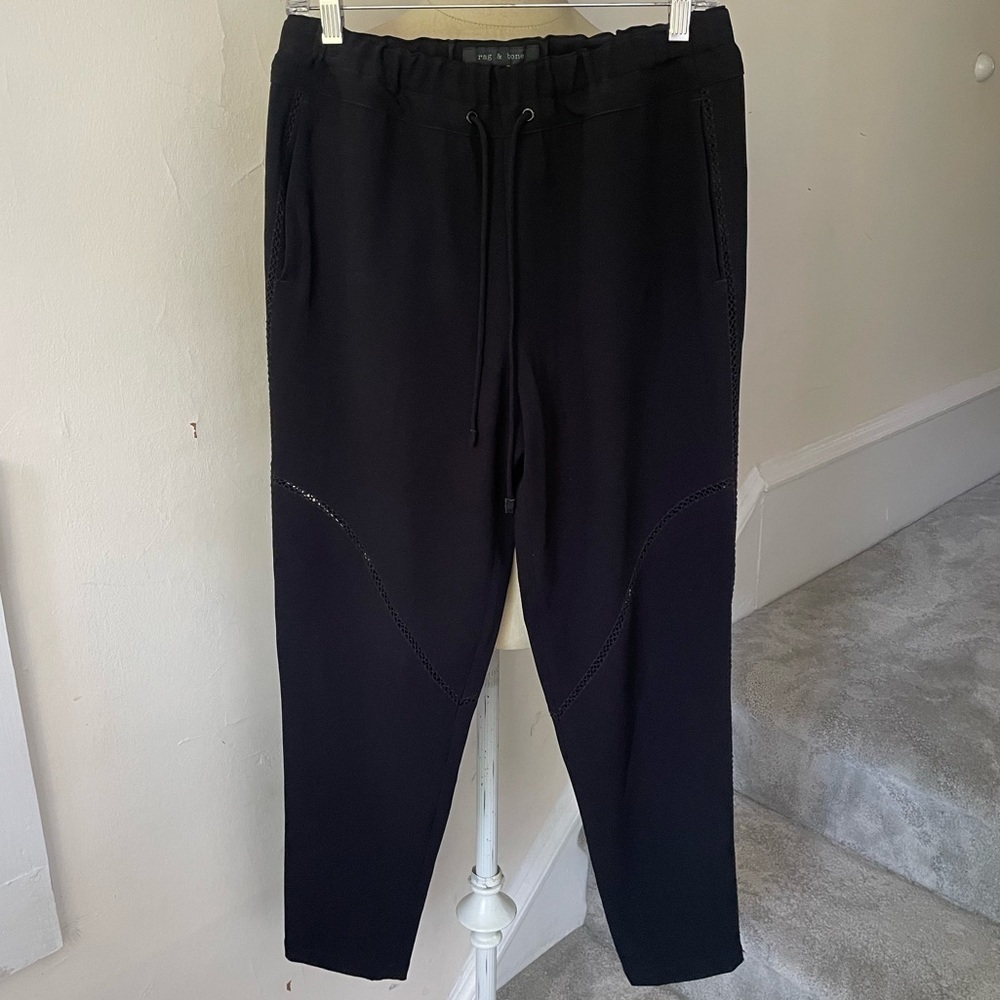 Rag & Bone Black Crepe Lattice Crochet Accent High Rise Jogger Pants EUC Size S